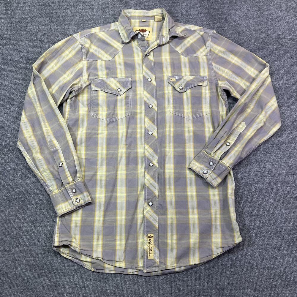 Larry Mahan Shirt Mens M Gray Yellow Plaid Snap Front Long Sleeve Western Cowboy